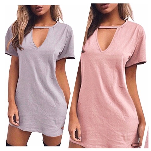 L-XL•Chic Babe Gray Minimalist Choker Collar Soft Tee Mini Dress - Picture 1 of 13